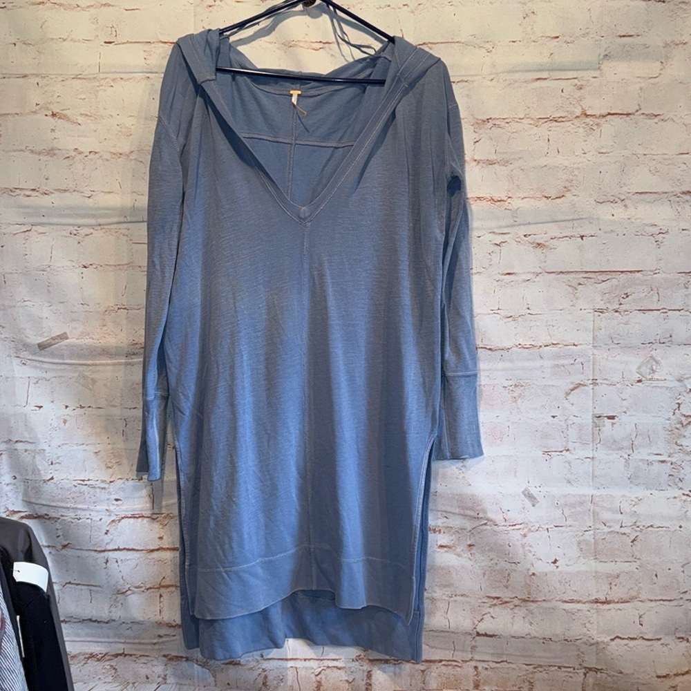 Free People Dress Womens XS Blue Queen Of Hearts Oversized Hooded Shirt Dress